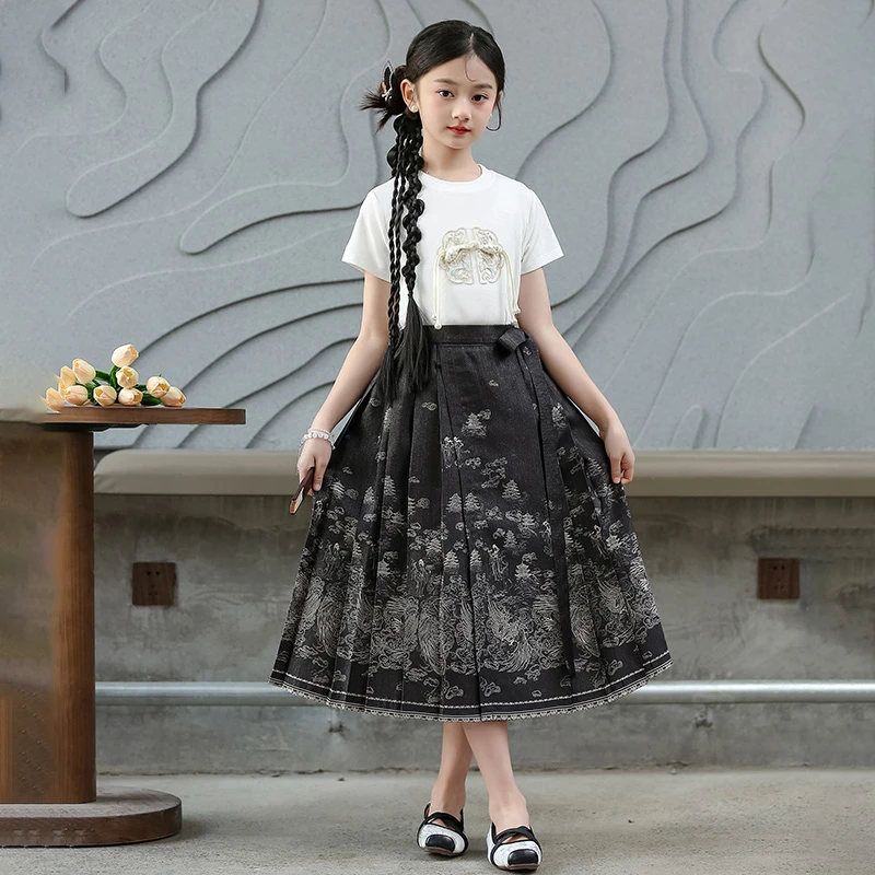 女童夏季马面裙套装2024新款儿童新中式国风裙子中大童短袖两件套
