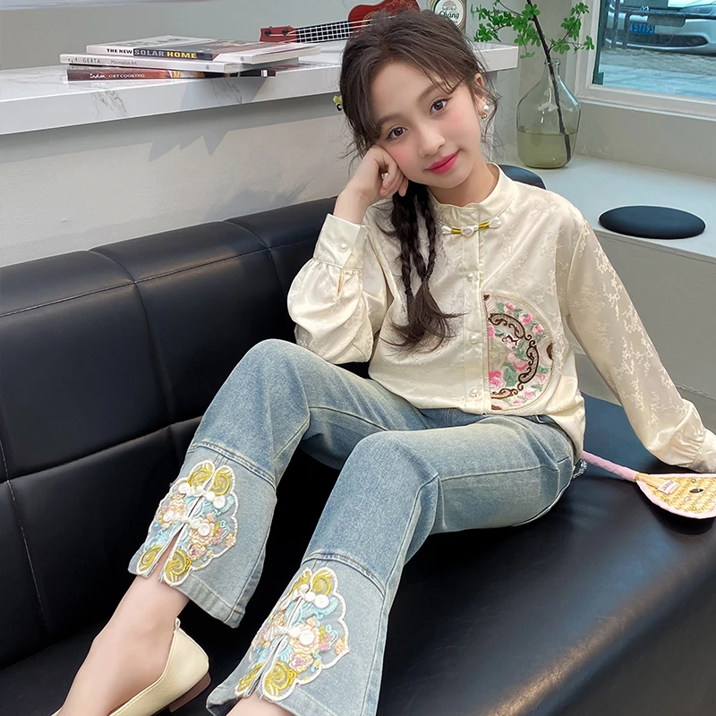 女童春秋季2024新款学生中式国风衬衫女孩时髦上衣牛仔裤两件套