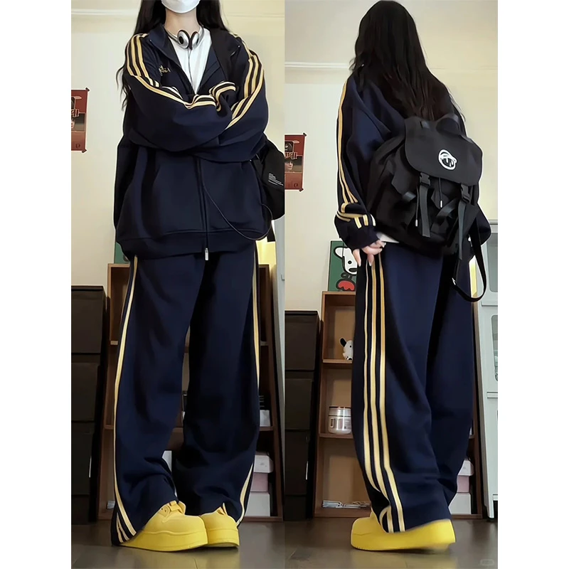 国潮嘻哈休闲运动服套装女秋季美式黑色宽松大码卫衣阔腿裤两件套