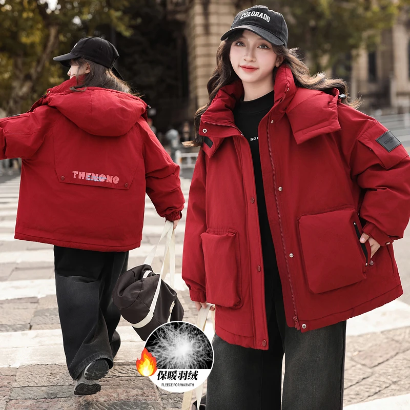 女大童羽绒服外套冬装2025新款洋气女孩白鸭绒红色防水防污染外套