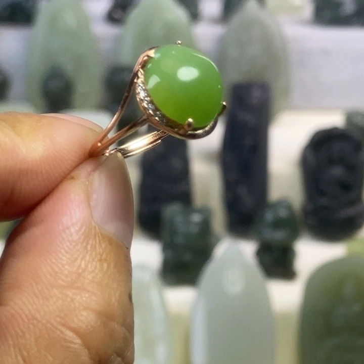 和田玉（碧玉）戒指银S925镀金镶嵌