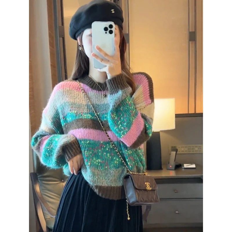 2025新款秋冬圆领百搭时尚拼色韩版慵懒风网红条纹百搭老钱风女装