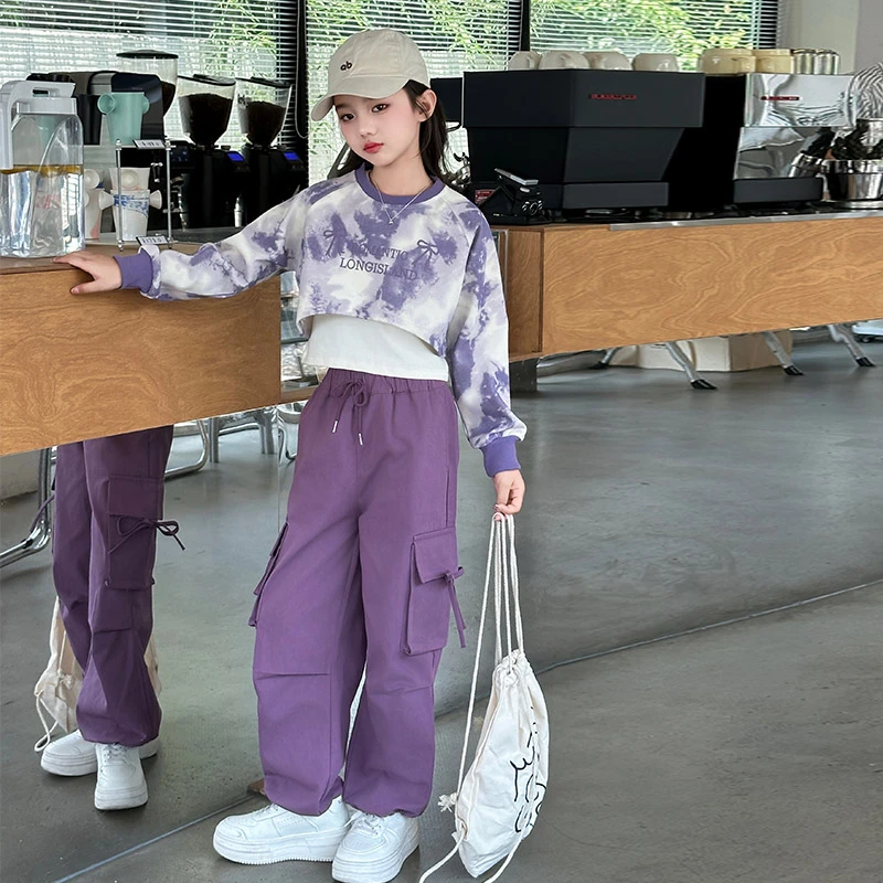 女童套装秋季2024新款中大童工装裤秋装韩系女孩潮酷网红炸街穿搭