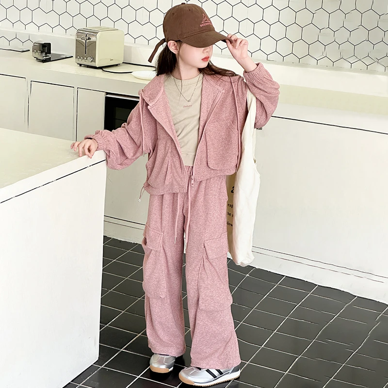 女大童季运动连帽套装2024新款韩版时尚休闲宽松工装裤两件套潮