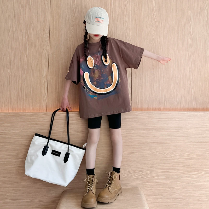 女童短袖t恤2025新款夏季儿童中长款半袖女大童夏装潮牌洋气女孩