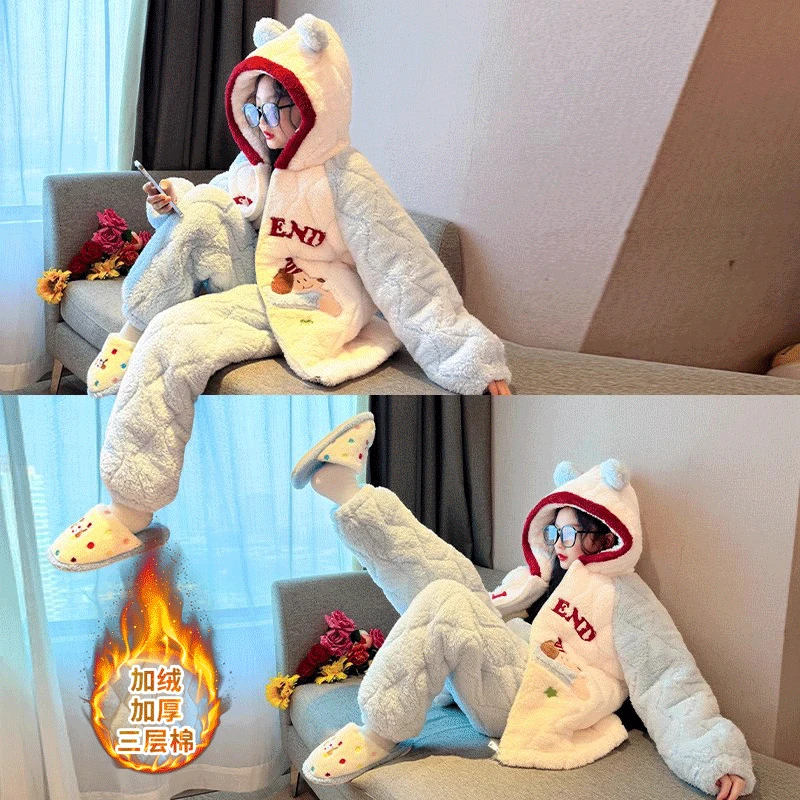 女大童睡衣秋冬款2024新款儿童家居服加绒加厚三层夹棉6-12岁潮款
