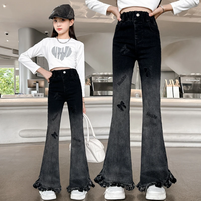 女童喇叭裤春秋款2025新款儿童高腰牛仔裤洋气时髦女孩修身微喇裤