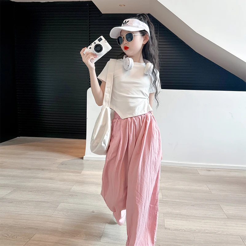 女童休闲裤套装夏季2024新款大童女孩洋气夏装儿童粉色薄款阔腿裤