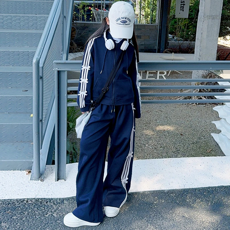 女童秋款套装2024秋装新款蝴蝶结连帽两件套儿童拉条时尚韩版童装