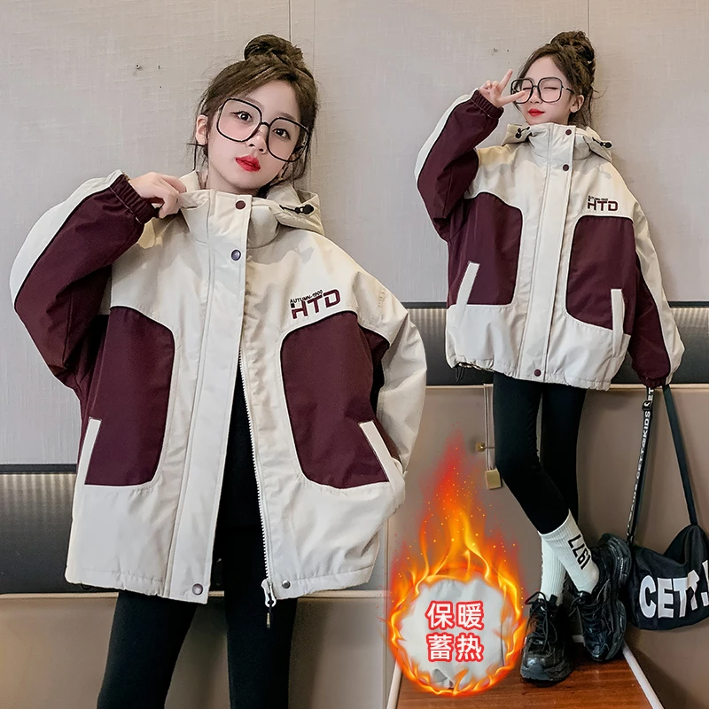 女大童夹棉冲锋衣2024冬季新品洋气儿童加厚派克服外套6-12岁潮款