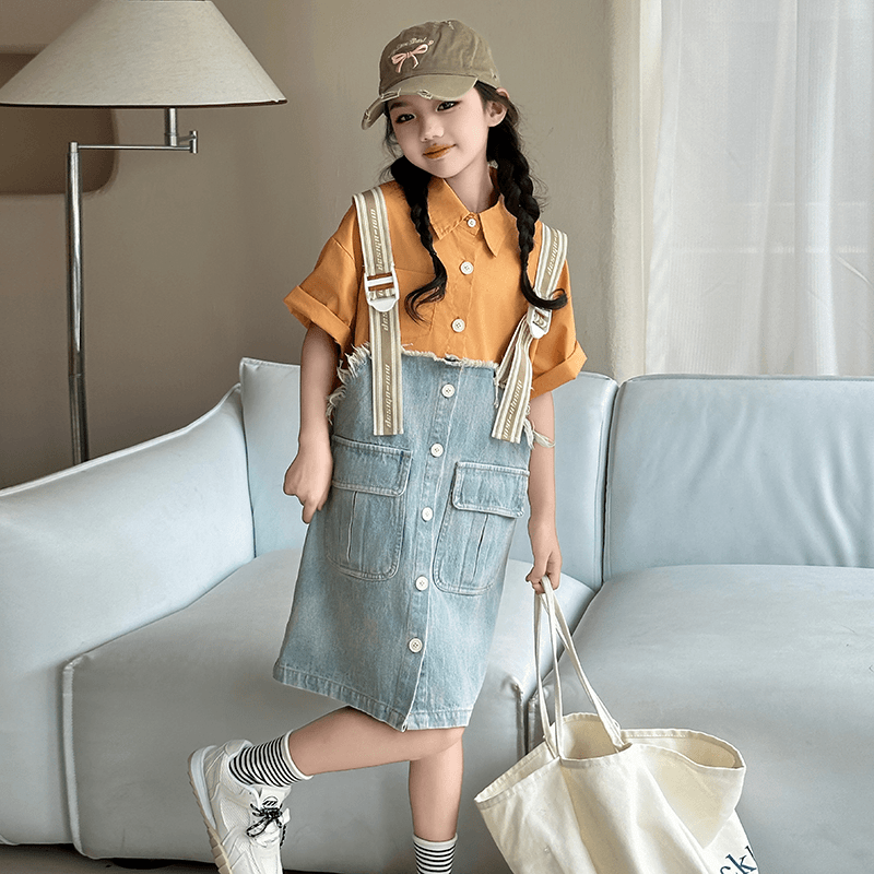 女童渐变牛仔连衣裙夏季2024新款中大童女孩假两件洋气网红时尚