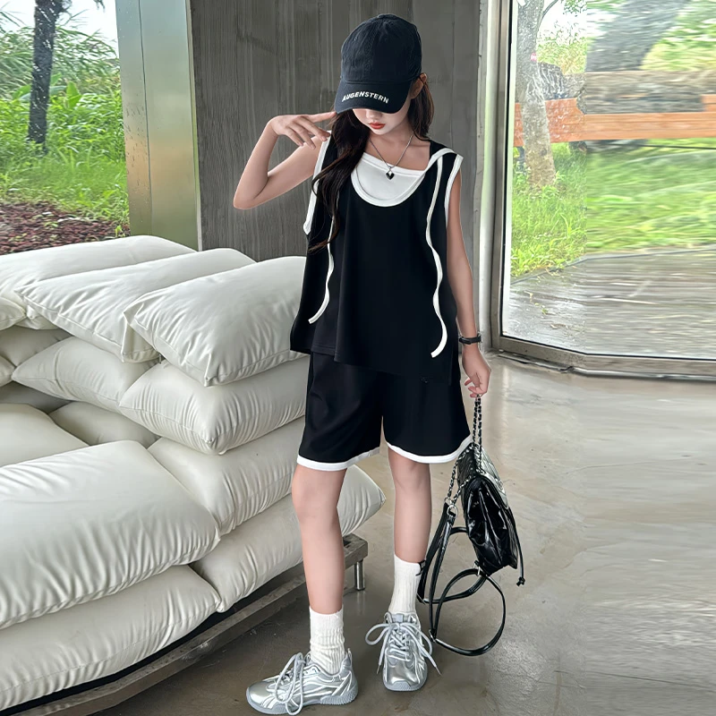 女童夏季运动套装2024新款纯色中大童时尚无袖连帽潮流假两件洋气