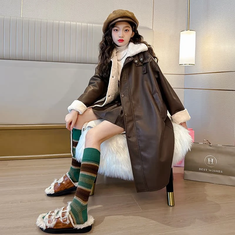 女童加绒皮毛一体外套洋气中长款皮衣2024秋冬新款大童6-12岁潮款