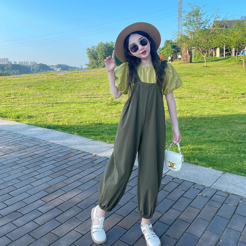 女童装背带裤套装夏季学生新款儿童长裤大童两件套夏装6-12岁潮款