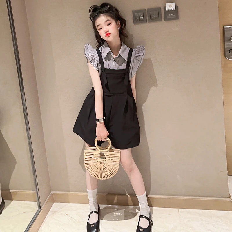 女童背带裤套装夏季2024新款中大童时髦小飞袖衬衫夏装潮两件套