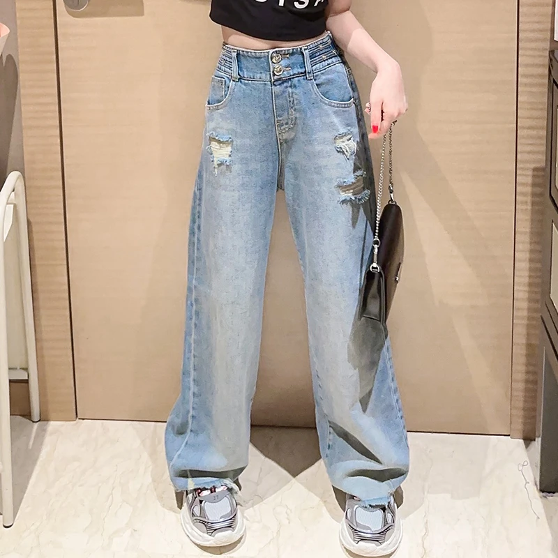 女童夏季裤子薄牛仔裤2024新款破洞洋气大童7-12岁夏装儿童阔腿裤
