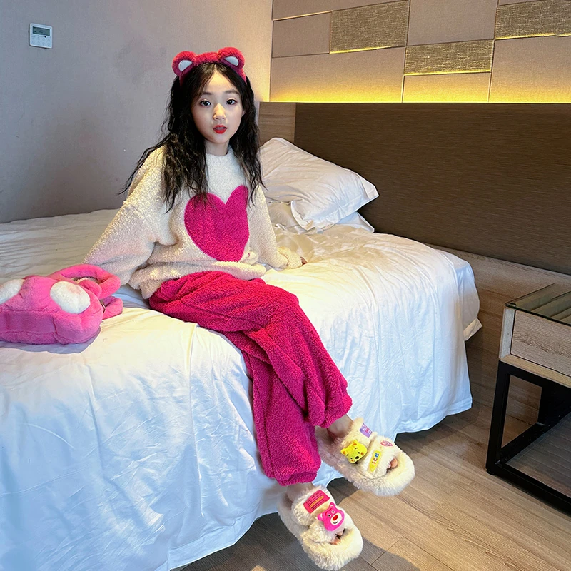 女童睡衣秋冬款2024新款加绒加厚冬季套装中大童珊瑚法兰绒家居服