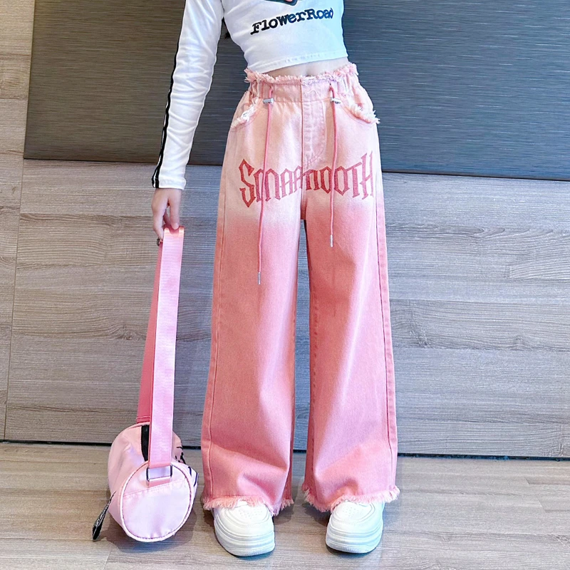 女童裤子春秋款2024新款大童洋气工装裤儿童秋装初中生阔腿牛仔裤