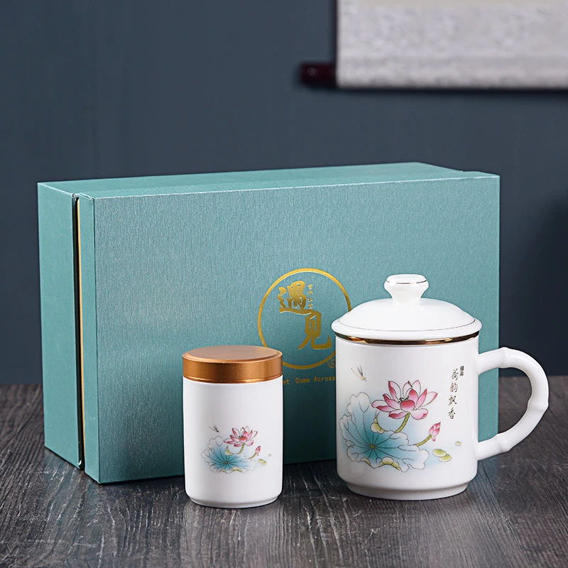 马克杯羊脂玉描金泡茶水杯带盖过滤龙把手柄家用陶瓷办公杯加