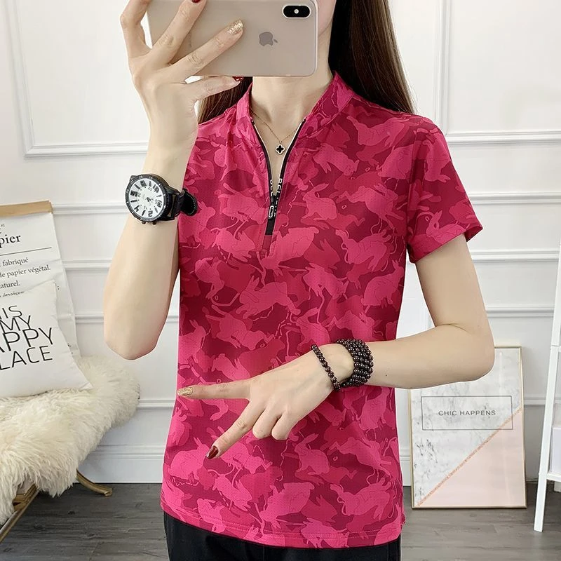 夏季弹力速干t恤女户外运动吸湿排汗薄款印花快干衣立领显瘦短袖