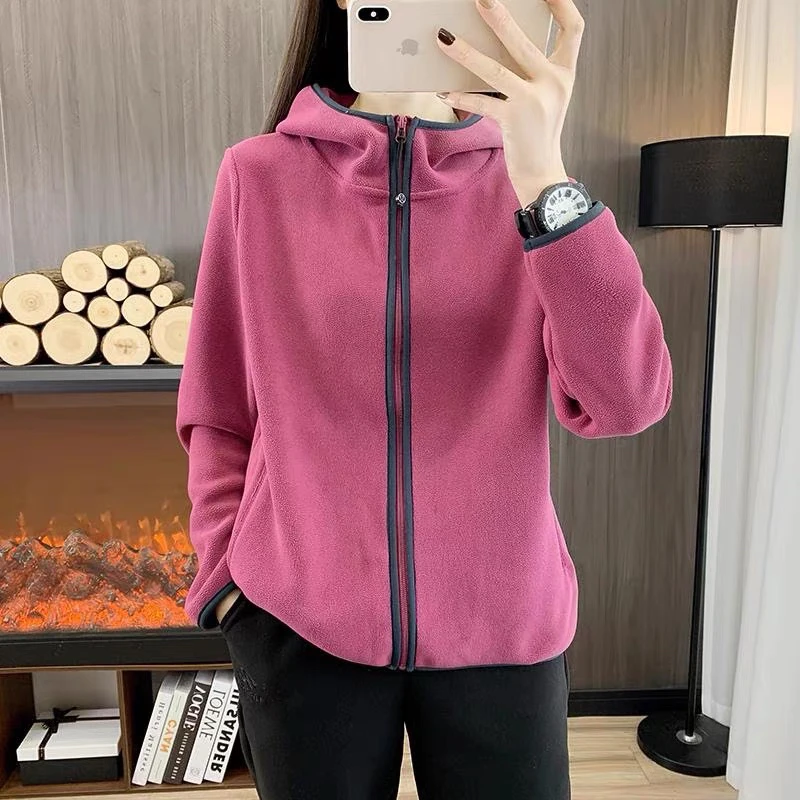 秋冬新款抓绒衣加厚保暖外套女时尚运动休闲连帽开衫弹力女士绒衣