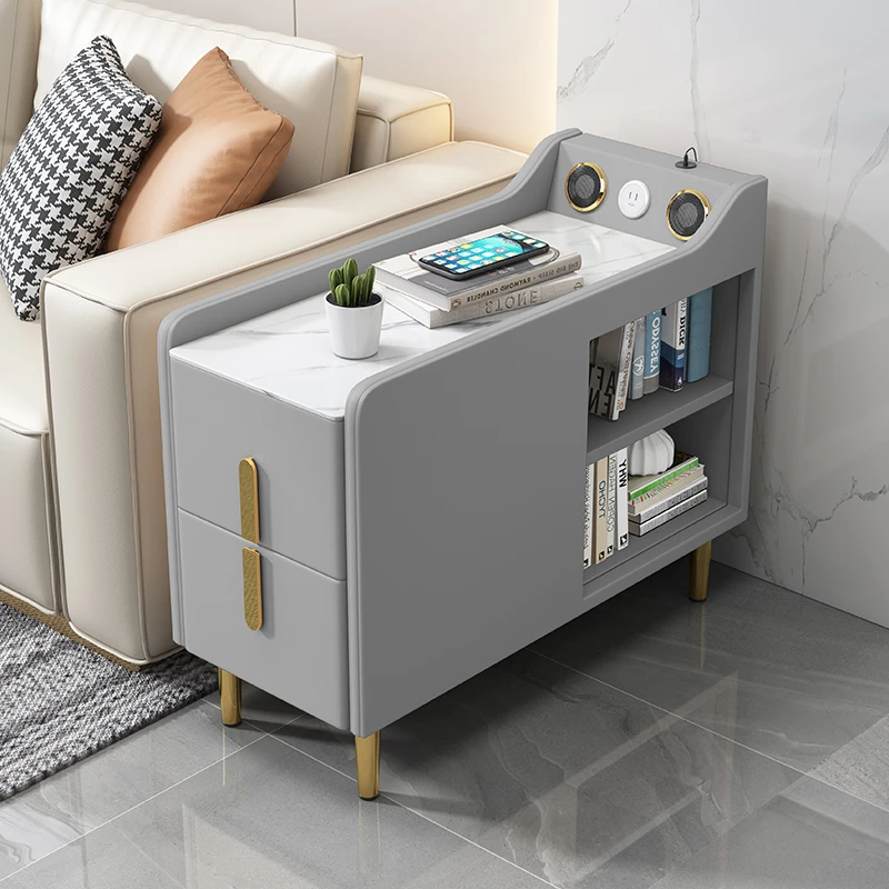 沙发侧边柜岩板客厅家用现代小茶几实木皮质床头柜超窄储物小柜子