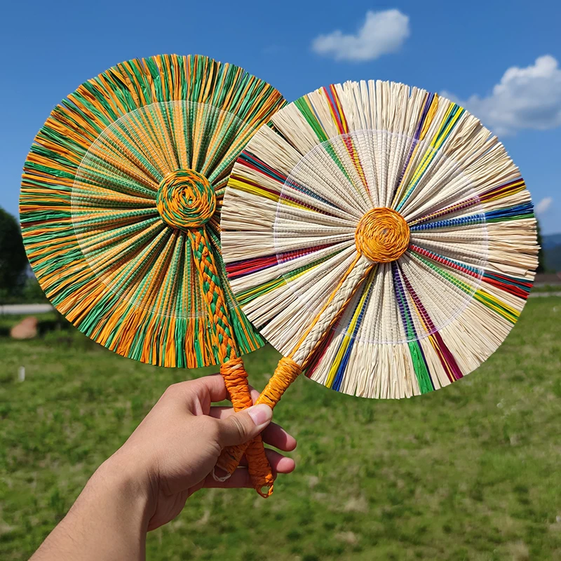 天然拉菲草蒲扇夏季便携手摇草编手工夏天编织彩色扇子送人礼物扇