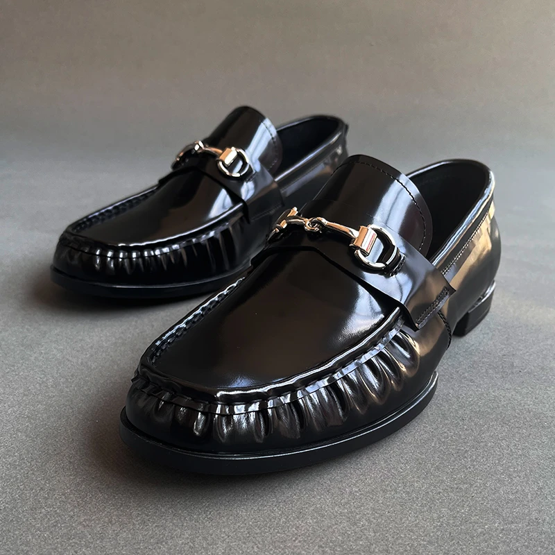 黑色开边珠头层牛皮商务休闲男皮鞋高端轻奢百搭真皮英伦风男鞋冬