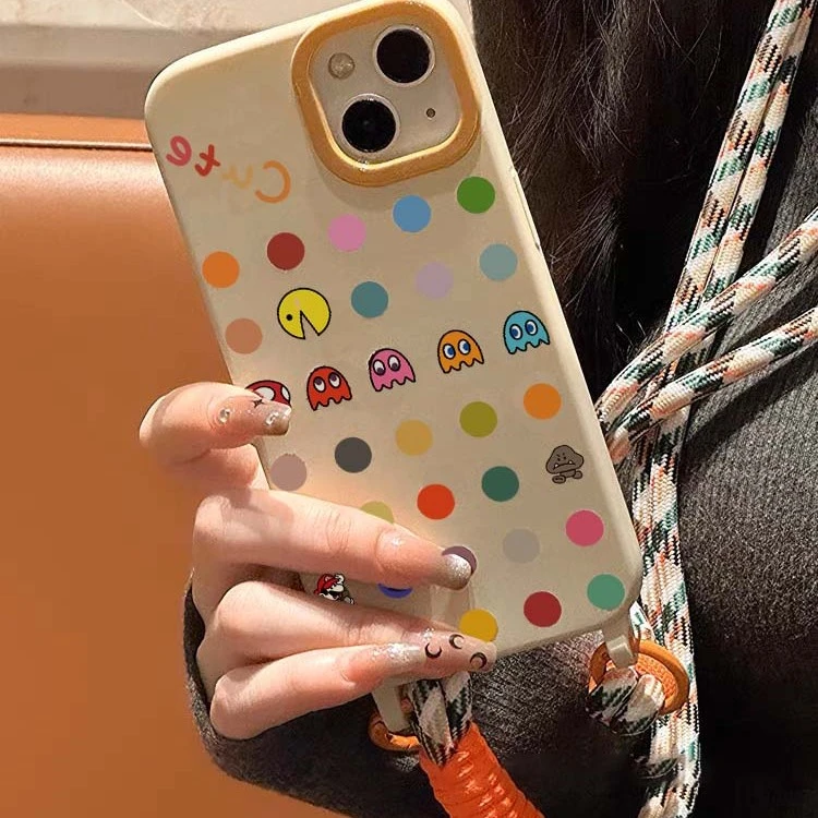 卡通ins吃豆人插画适用iPhone13苹果手机壳14promax新款12/11挂绳