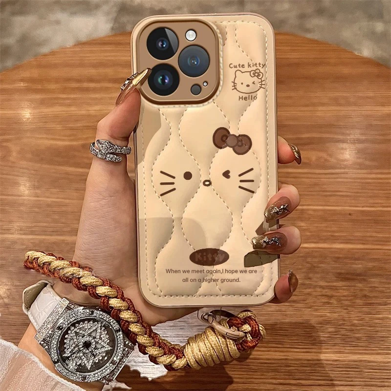 棕色凯蒂表情羽绒服挂绳适用苹果16/15手机壳华为vivo小米14oppo