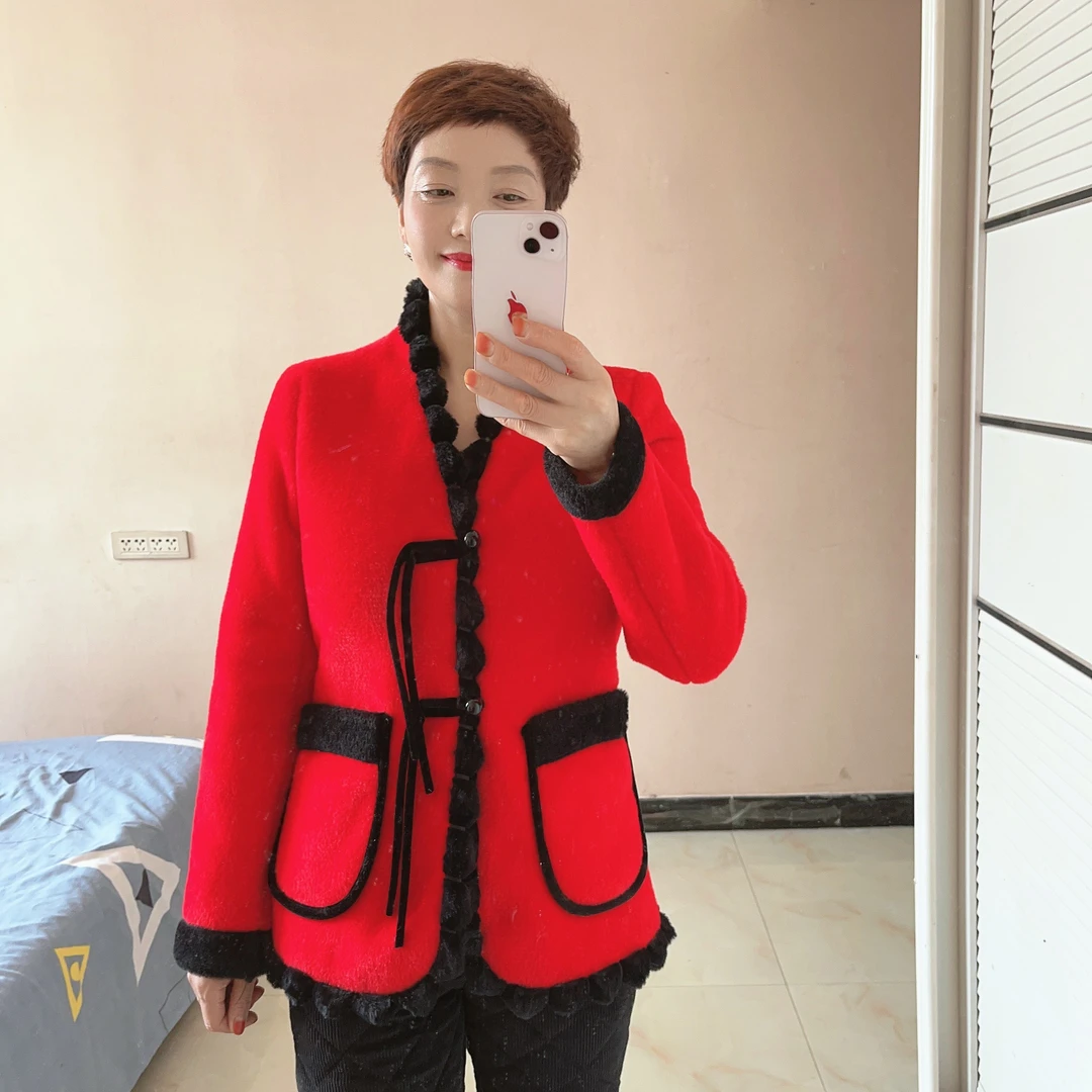 冬季新款外穿家居服V领棉衣女休闲时尚修身加绒加厚睡衣百搭红色