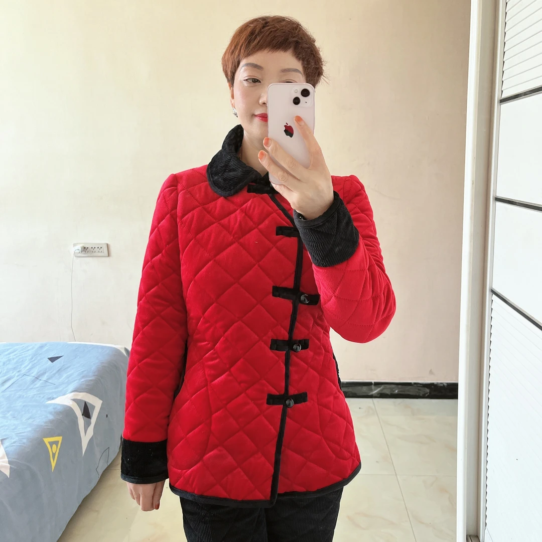 复古上衣红色偏襟娃娃领女棉衣棉服加绒加厚保暖秋冬爆款
