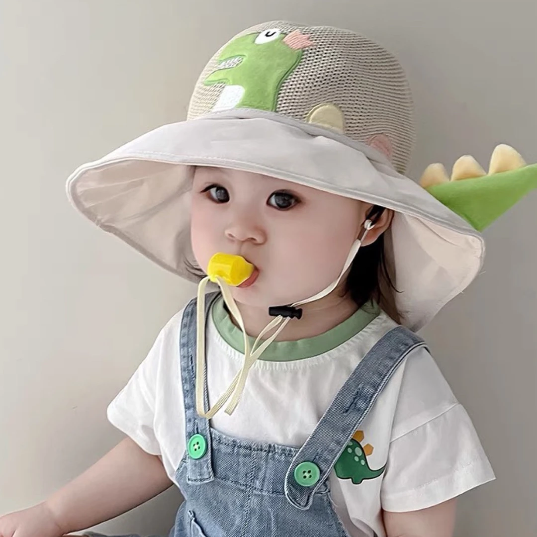 儿童防晒帽卡通恐龙遮阳帽子男女童大檐夏季薄款宝宝渔夫帽太阳帽