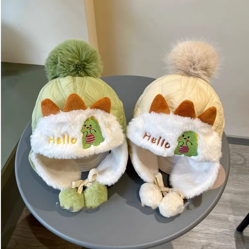 宝宝秋冬款卡通可爱恐龙护耳帽男女童加厚保暖套头帽冬天男孩帽子