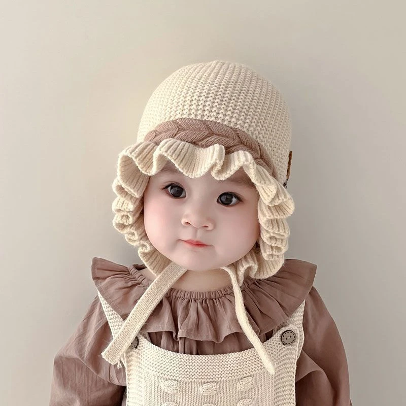 婴儿帽子秋冬宝宝可爱公主护耳针织女童韩版花边渔夫帽毛线帽保暖