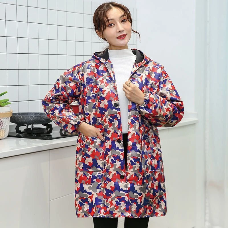 加绒保暖迷彩大褂工作服长袖冬季男女外套围裙防水防油尘宽松罩衣