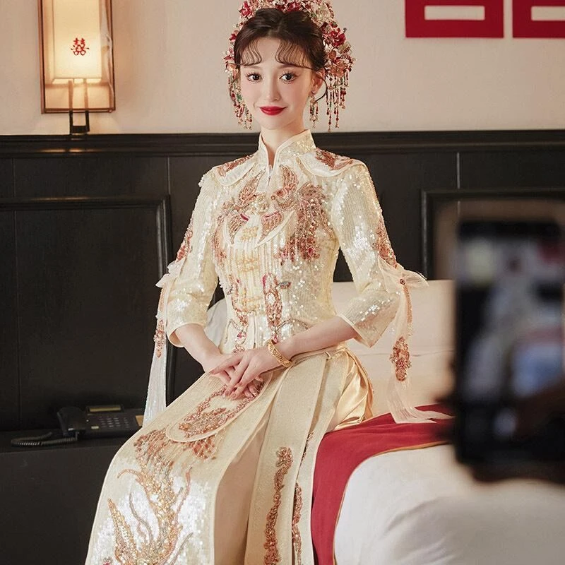 秀禾服新娘小个子大码胖妹妹新款中式结婚婚纱敬酒服香槟色秀禾服