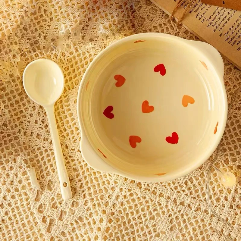 【7.5英寸面碗+勺】奶油风桃心双耳碗勺套装沙拉碗学生宿舍少女心