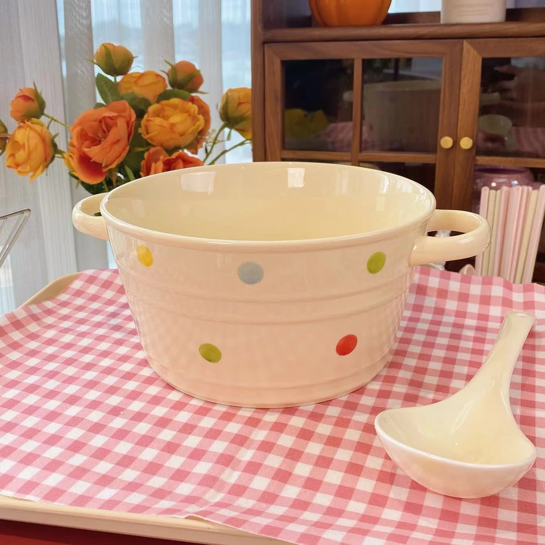 缤纷双耳汤碗带勺陶瓷10英寸大容量泡面碗ins风汤盆大碗螺蛳粉碗