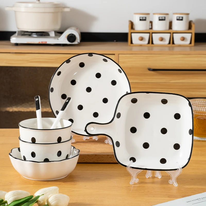 赫本风7件套组合波点碗碟套装家用小清新高颜值网红餐具陶瓷碗盘