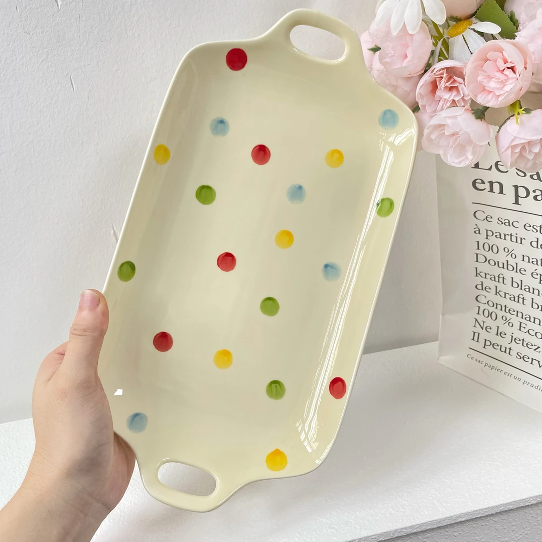 缤纷双耳鱼盘长方盘陶瓷高颜值盘子家用菜盘红烧鱼盘清蒸鱼盘木子