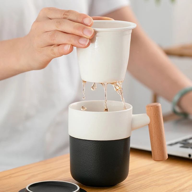 马克杯陶瓷带盖木柄办公室茶水分离茶杯情侣对杯高档刻字LOGO定制