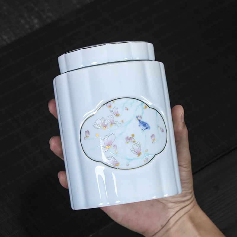 青瓷直桶陶瓷茶叶罐带盖绿茶西湖龙井防潮密封罐中号家用存茶缸