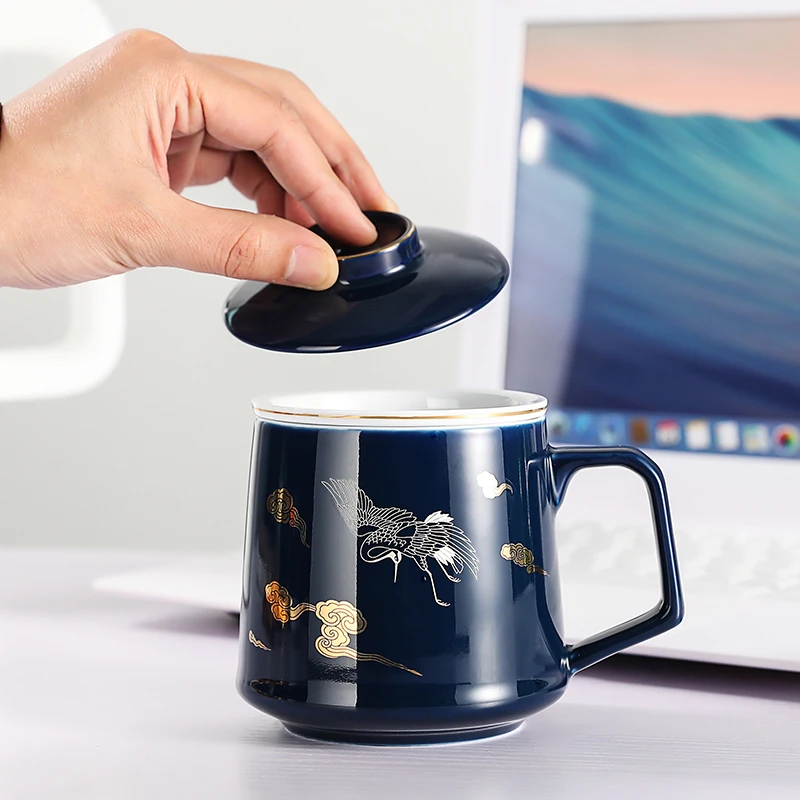 霁蓝陶瓷泡茶杯茶水分离过滤带盖水杯办公室喝茶青花茶杯个人专用