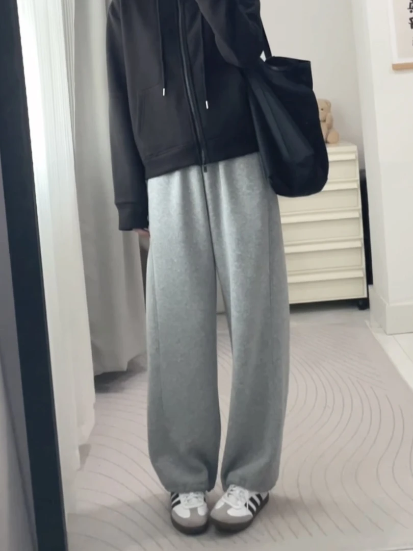 两穿加绒休闲裤 （脚口内里带抽绳）直筒高腰宽松加绒垂顺显瘦长裤