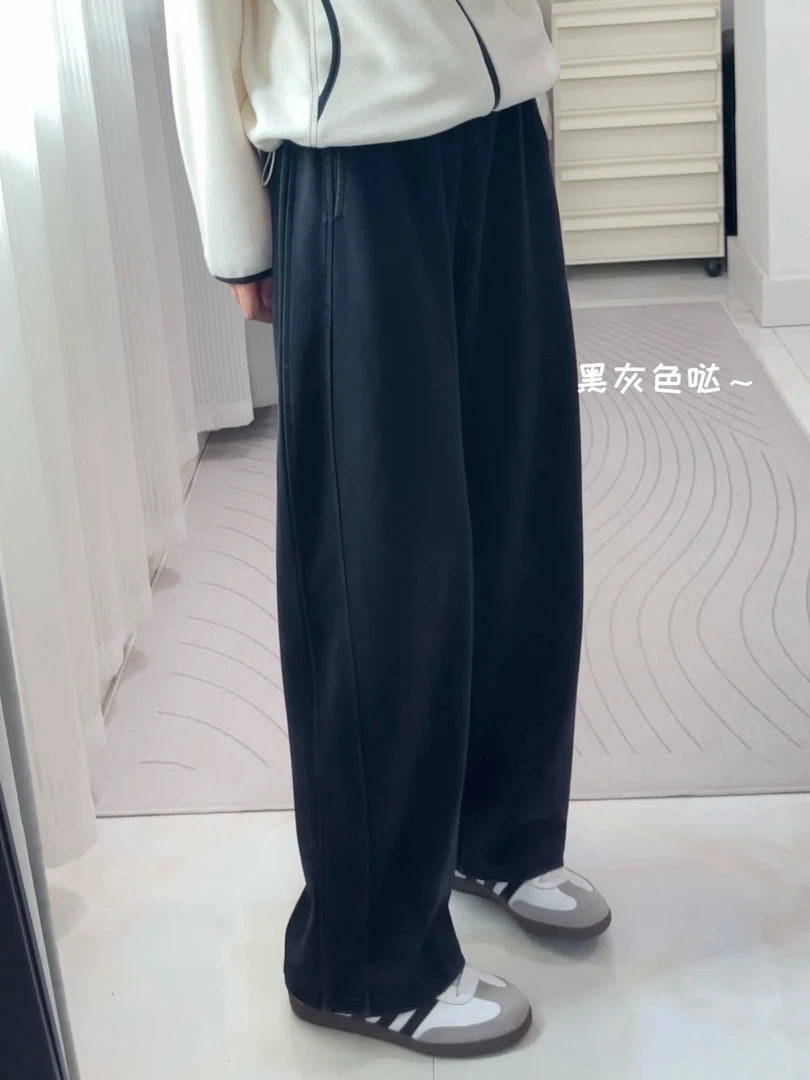 超柔水洗棉弧形裤 成衣砂洗复古做旧 秋冬宽松设计感长裤