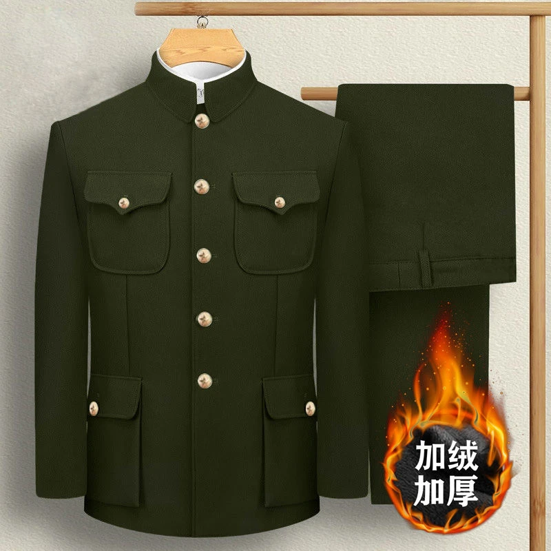 绿色中山装套装男中老年老式翻领中山服老年人外套爷爷爸爸装