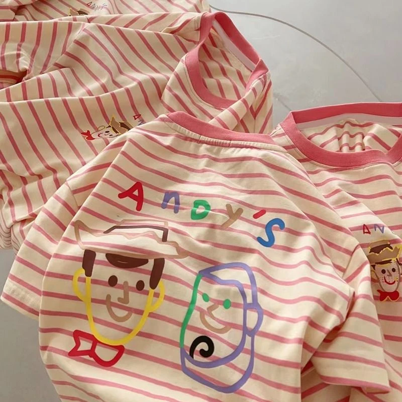 【夏季上新】2024新款韩版女童条纹T恤夏季洋气印花短袖科学实验