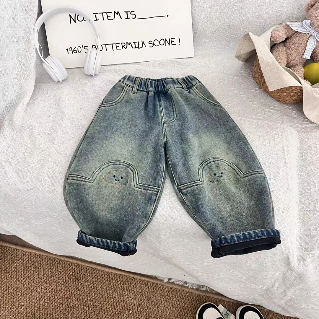 2024年秋冬新款儿童加绒牛仔裤百搭韩版宽松时尚30057云朵牛仔裤