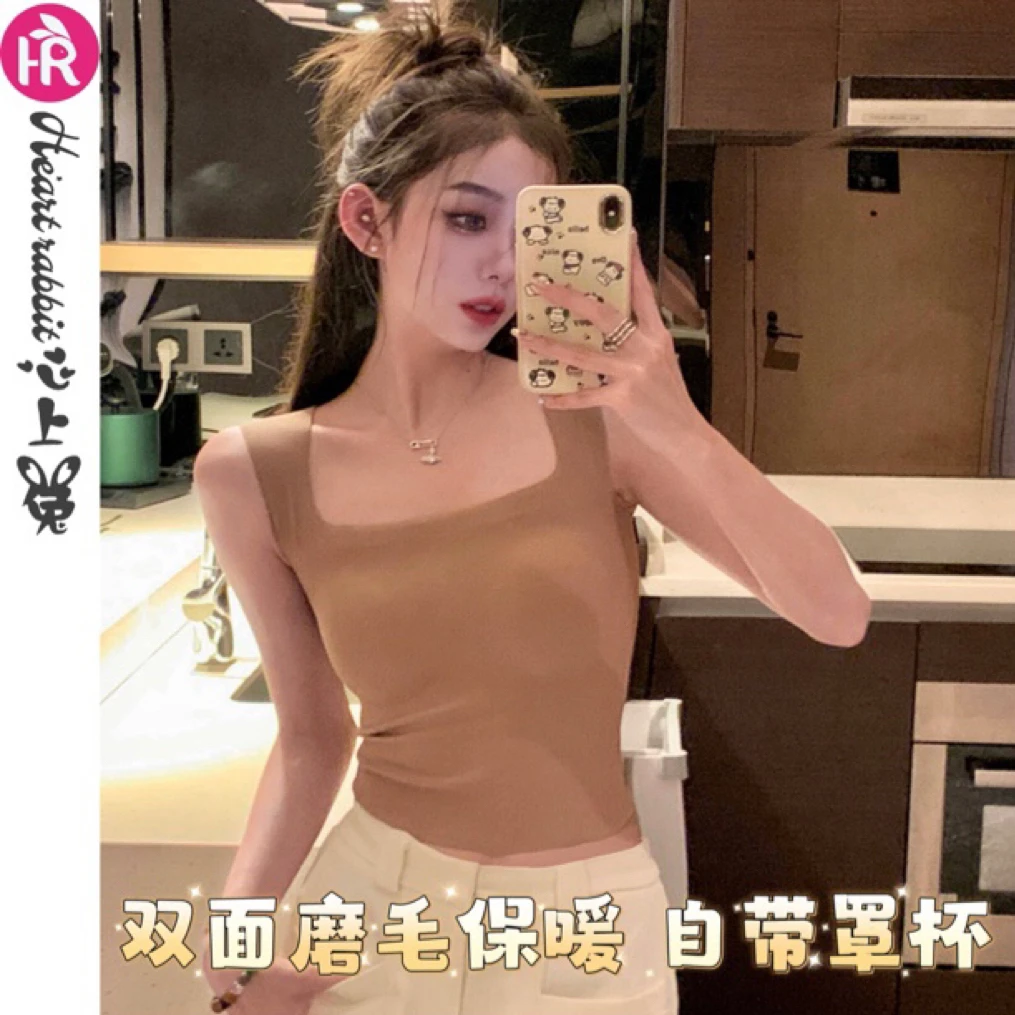 秋冬方领磨毛发热保暖打底内搭百搭外穿修身自带胸垫纯色润肤背心